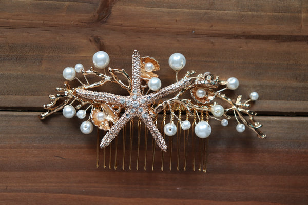 Mermaid bridal hair comb with pearls and rhinestone starfish