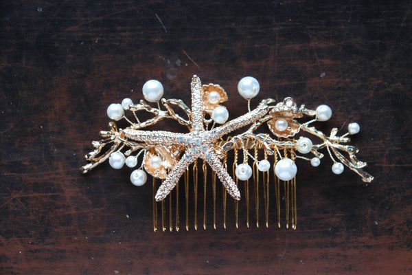 Mermaid bridal hair comb with pearls and rhinestone starfish