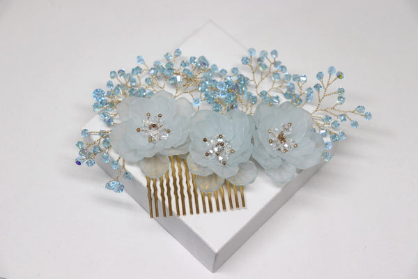 Blue Floral bridal comb handmade by Wire Princess