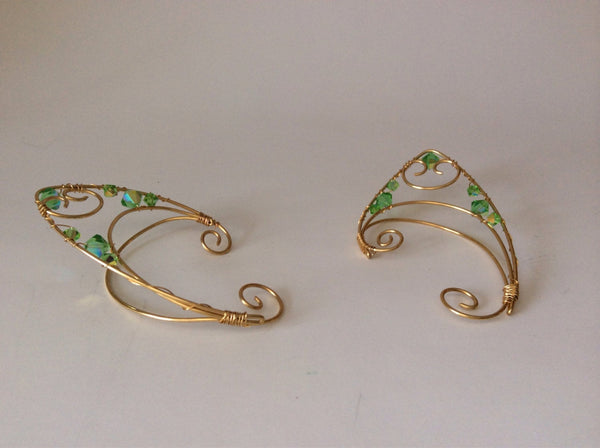 Wire Elfin Ear cuffs green and gold
