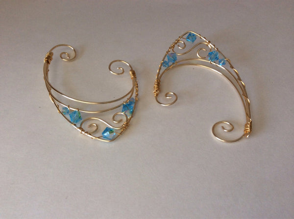 Wire Elf ear cuffs blue and gold