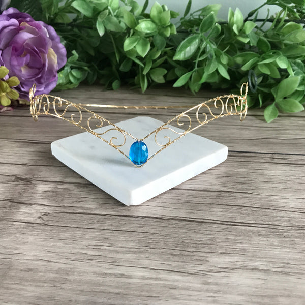 Gold Wire Forehead Tiara Blue Centre Jewel