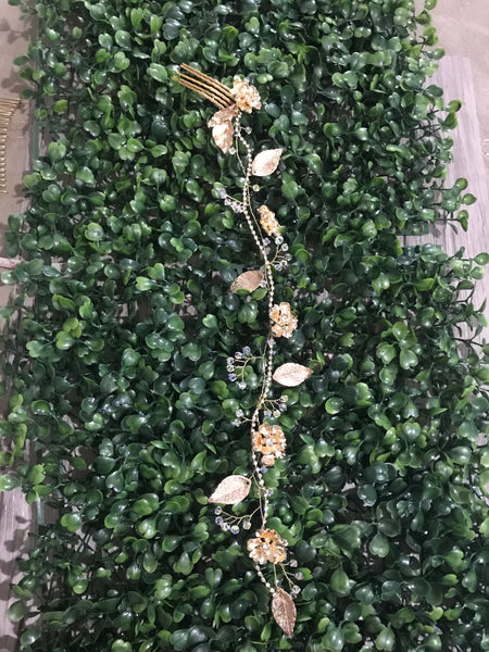 Gold Rhinestone Flower and Leaf Hair Vine with Swarovski Crystals
