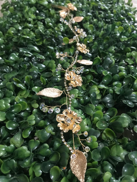 Gold Rhinestone Flower and Leaf Hair Vine with Swarovski Crystals