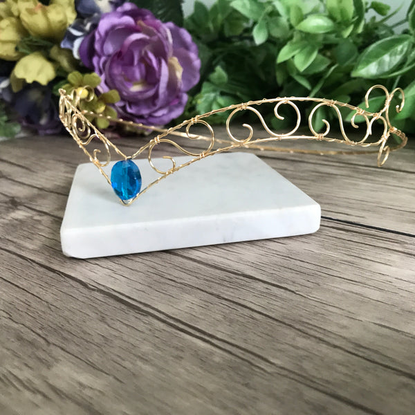 Gold Wire Forehead Tiara Blue Centre Jewel