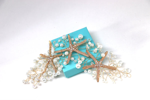 Gold Starfish and Pearl Bridal Hair Vine perfect for beach and tropical brides. Handmade by Wire Princess