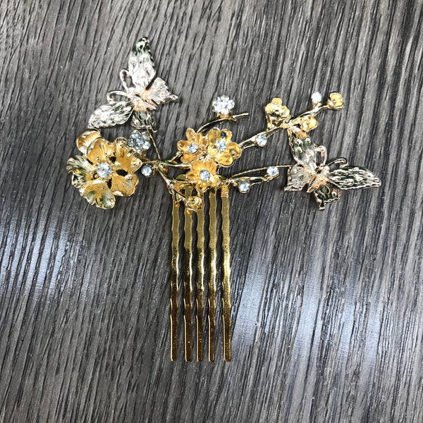 Gold Flower and buttterfly metal comb perfect for garden weddings and for summer brides