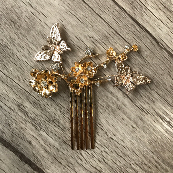 Gold Flower and buttterfly metal comb perfect for garden weddings and for summer brides