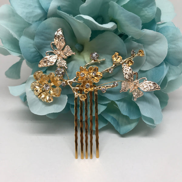 Gold Flower and buttterfly metal comb perfect for garden weddings and for summer brides