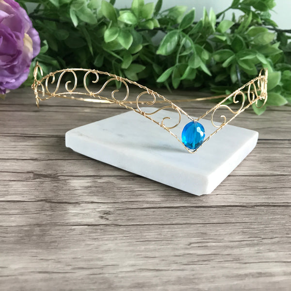 Gold Wire Forehead Tiara Blue Centre Jewel