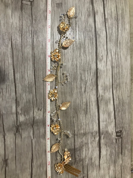 Gold Rhinestone Flower and Leaf Hair Vine with Swarovski Crystals