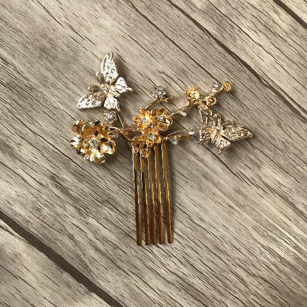 Gold Flower and buttterfly metal comb perfect for garden weddings and for summer brides