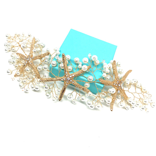 Wire bridal hair vine with pearls, starfish and beads in gold