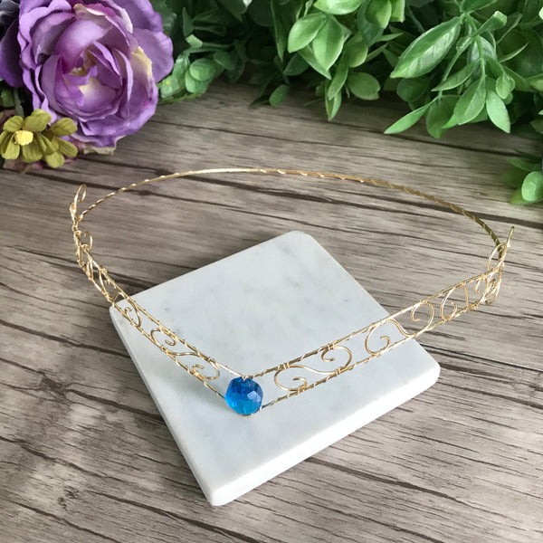 Gold Wire Forehead Tiara Blue Centre Jewel