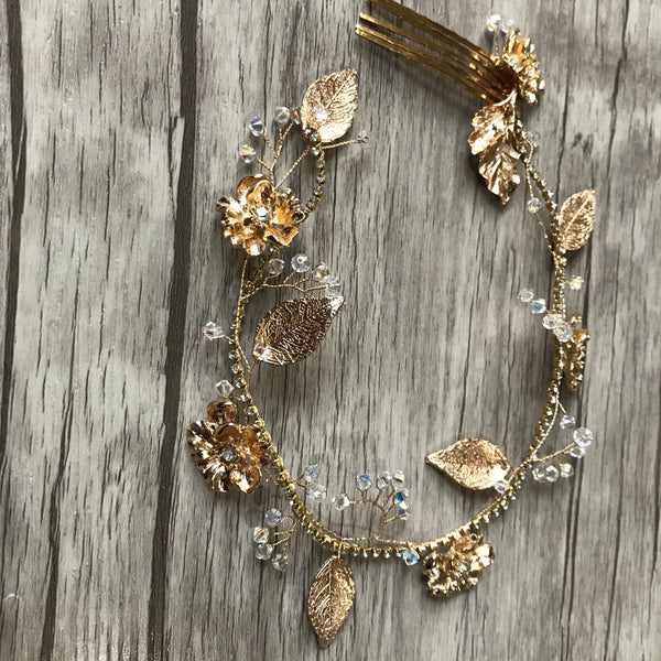 Gold Rhinestone Flower and Leaf Hair Vine with Swarovski Crystals