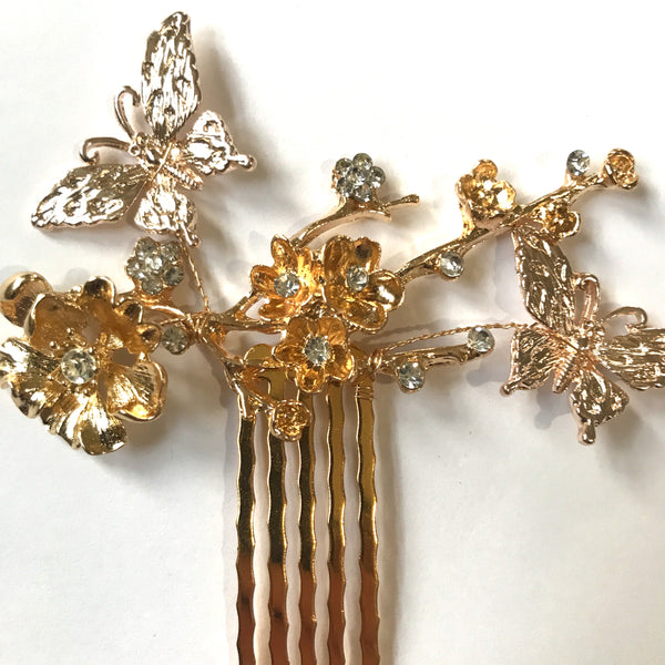 Gold Flower and buttterfly metal comb perfect for garden weddings and for summer brides