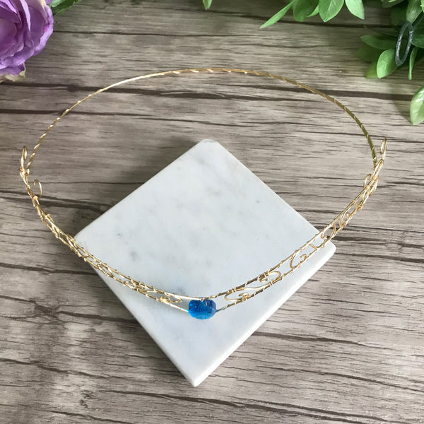 Gold Wire Forehead Tiara Blue Centre Jewel