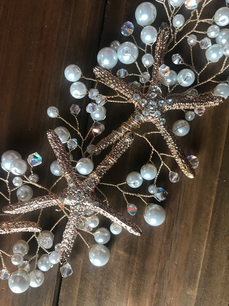 Gold Starfish and Pearl Bridal Hair Vine perfect for beach and tropical brides. Handmade by Wire Princess