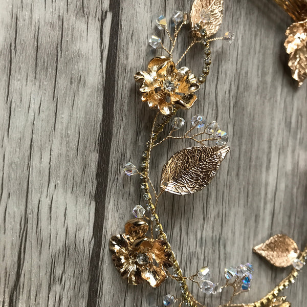 Gold Rhinestone Flower and Leaf Hair Vine with Swarovski Crystals
