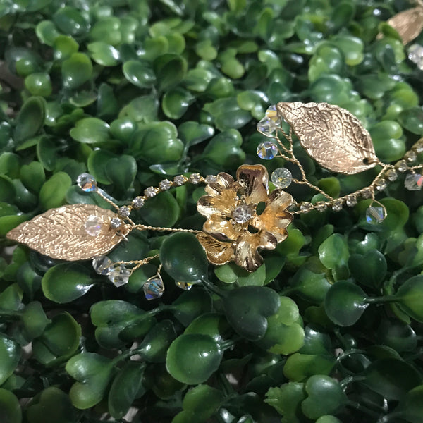 Gold Rhinestone Flower and Leaf Hair Vine with Swarovski Crystals