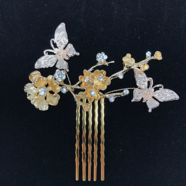 Gold Flower and buttterfly metal comb perfect for garden weddings and for summer brides