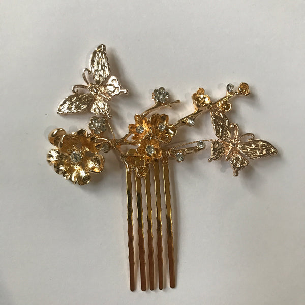 Gold Flower and buttterfly metal comb perfect for garden weddings and for summer brides