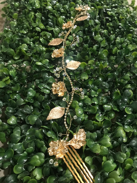 Gold Rhinestone Flower and Leaf Hair Vine with Swarovski Crystals