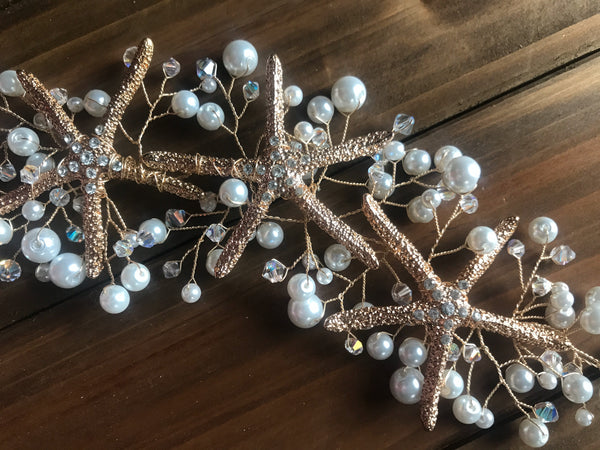 Gold Starfish and Pearl Bridal Hair Vine perfect for beach and tropical brides. Handmade by Wire Princess