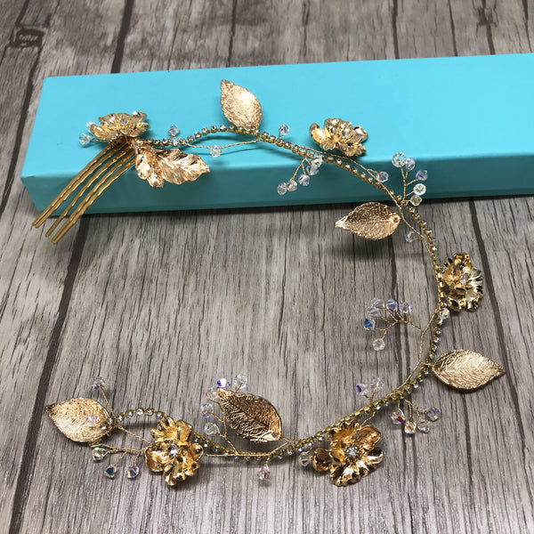 Gold Rhinestone Flower and Leaf Hair Vine with Swarovski Crystals