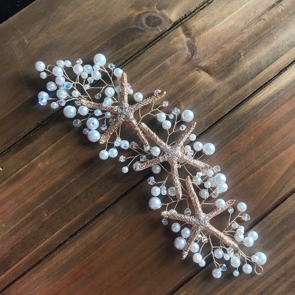 Gold Starfish and Pearl Bridal Hair Vine perfect for beach and tropical brides. Handmade by Wire Princess