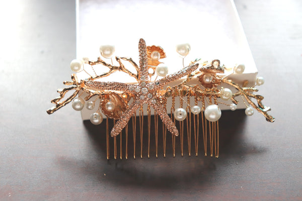Mermaid bridal hair comb with pearls and rhinestone starfish