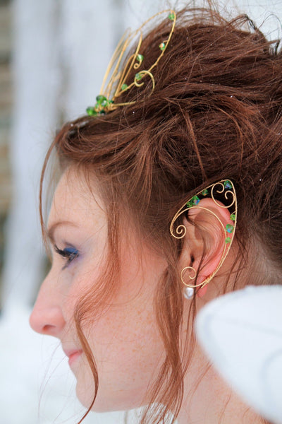 Wire Elfin Ear cuffs green and gold