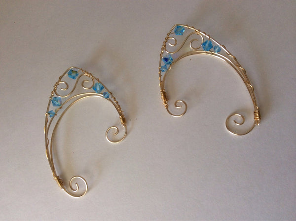 Wire Elf ear cuffs blue and gold