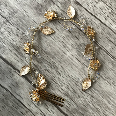Gold Rhinestone Flower and Leaf Hair Vine with Swarovski Crystals