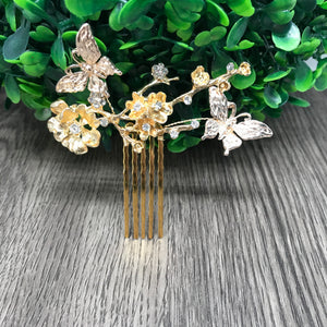 Gold Flower and buttterfly metal comb perfect for garden weddings and for summer brides