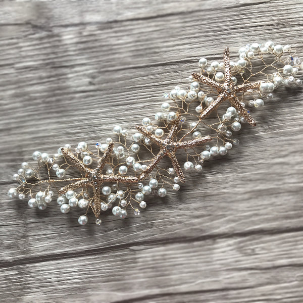 Wire bridal hair vine with pearls, starfish and beads in gold 