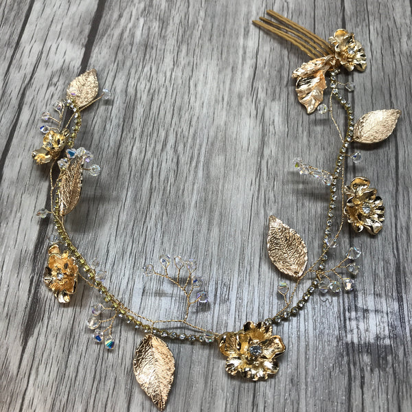 Gold Rhinestone Flower and Leaf Hair Vine with Swarovski Crystals