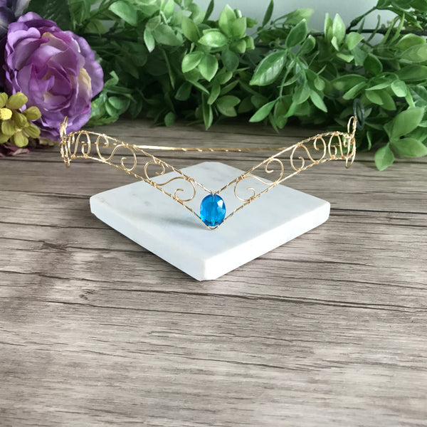 Gold Wire Forehead Tiara Blue Centre Jewel