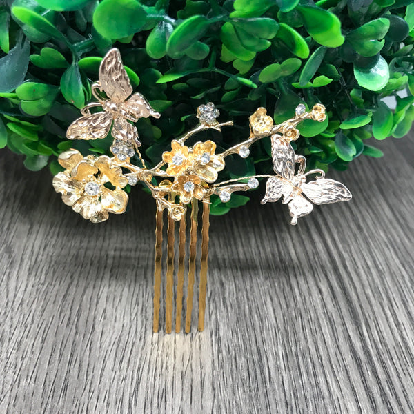 Gold Flower and buttterfly metal comb perfect for garden weddings and for summer brides