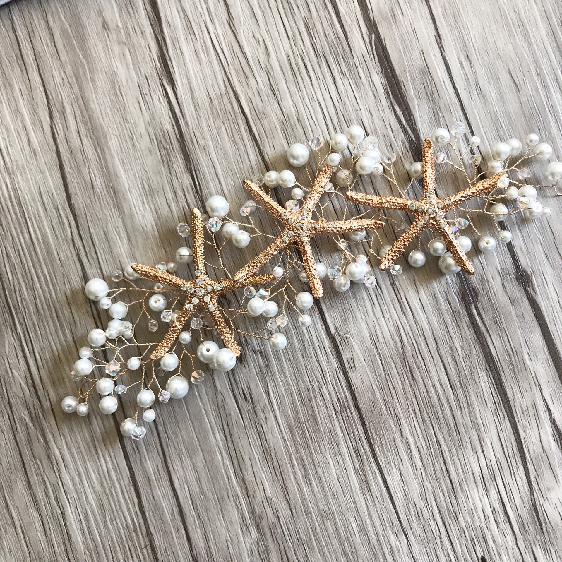 Gold Starfish and Pearl Bridal Hair Vine perfect for beach and tropical brides. Handmade by Wire Princess