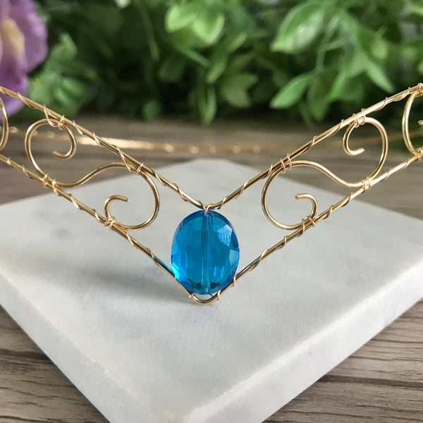 Gold Wire Forehead Tiara Blue Centre Jewel