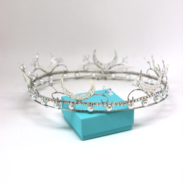 Silver Crescent Wire Moon Crown with pearls rhinestones and swarovski crystals handmade by wire princess 